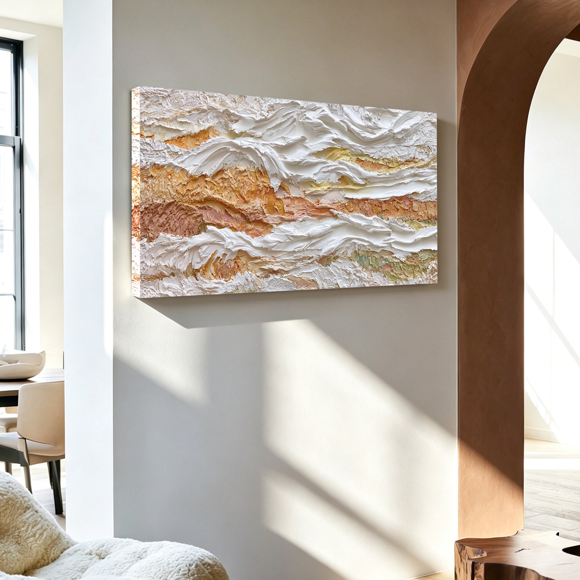 Ivory and gold abstract painting displayed in bedroom, large custom canvas wall art