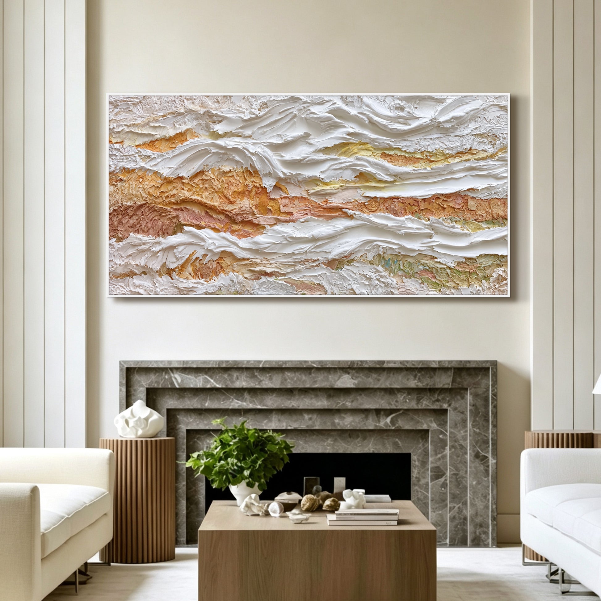 Ivory and gold abstract painting displayed in entryway, large custom canvas wall art