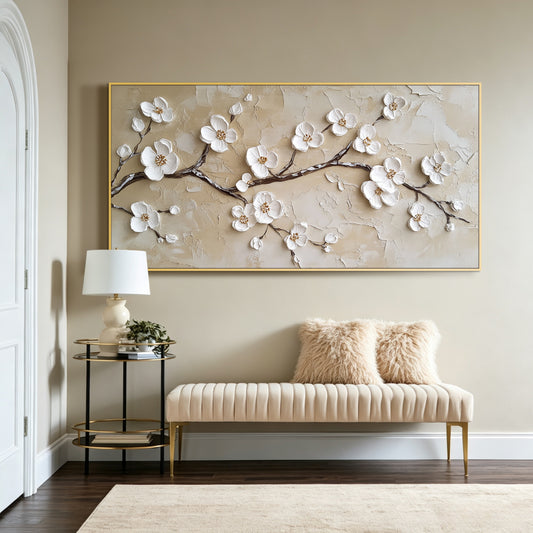 Cherry blossom impasto acrylic/oil painting on canvas, original palette knife textured wall art, wabi-sabi handpainted