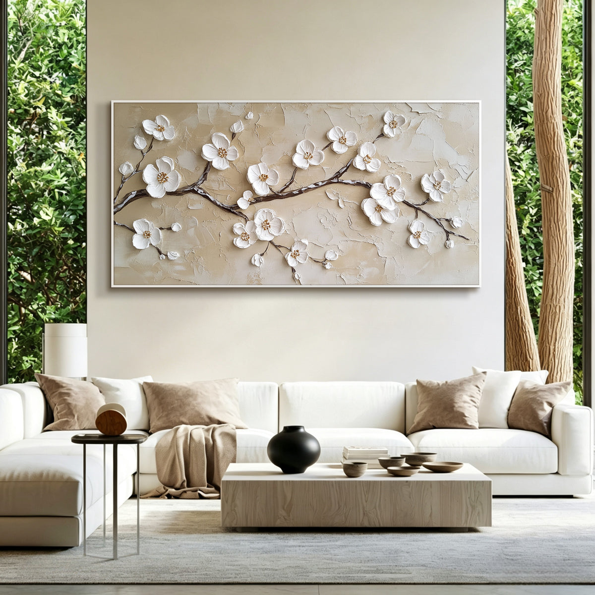 Cherry blossom impasto acrylic/oil painting on canvas, original palette knife textured wall art, wabi-sabi handpainted