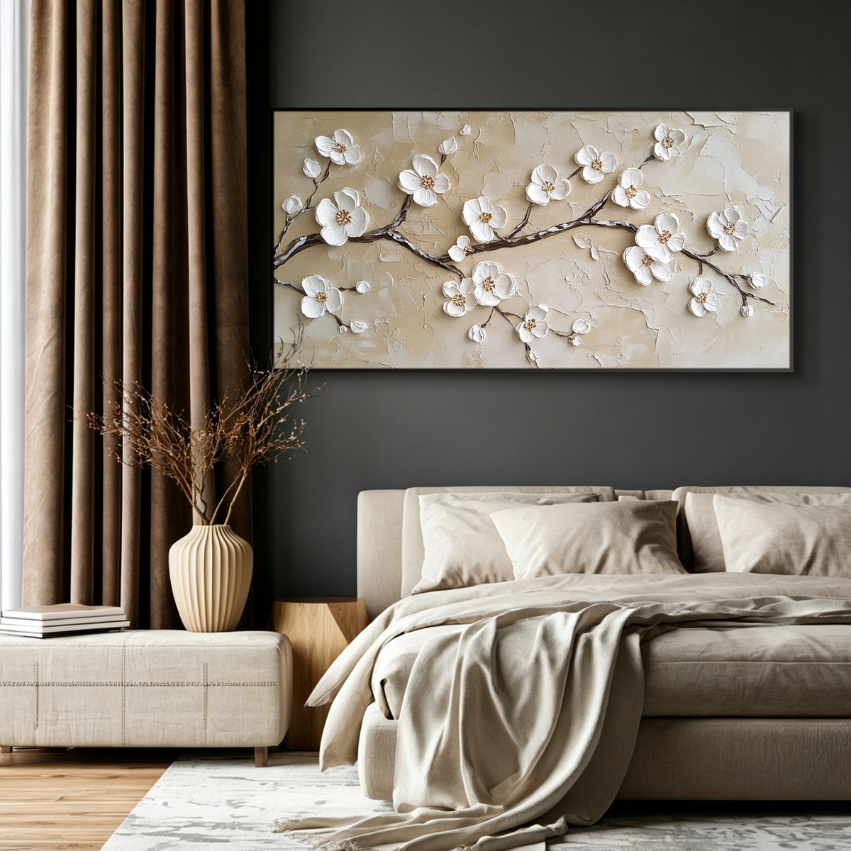 Cherry blossom impasto acrylic/oil painting on canvas, original palette knife textured wall art, wabi-sabi handpainted