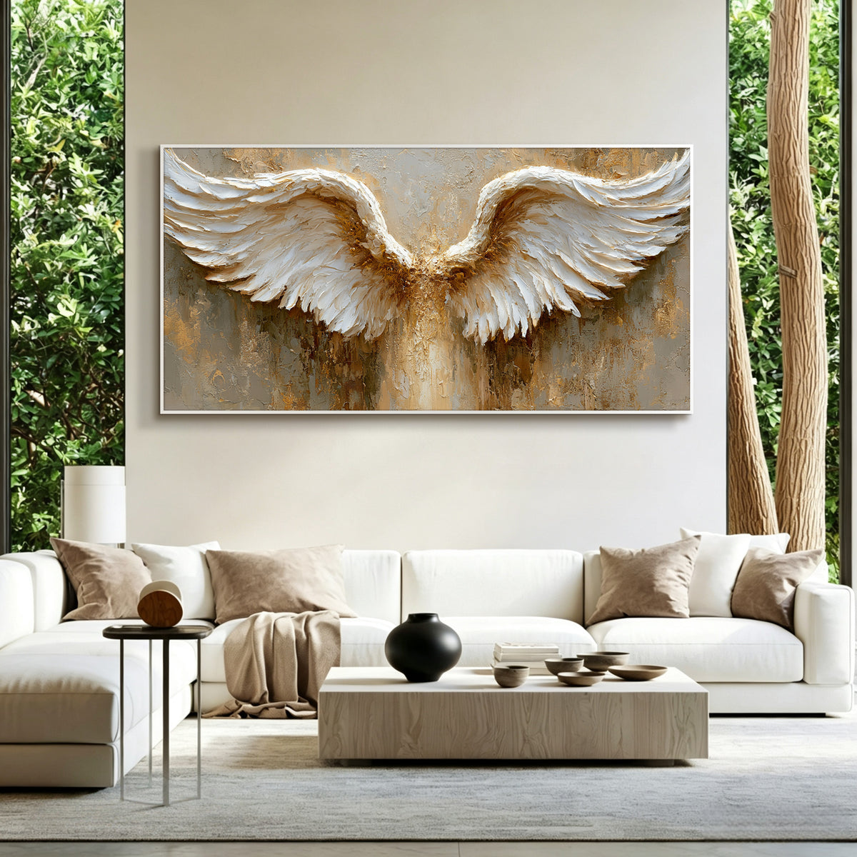 Angel wings impasto acrylic/oil painting on canvas, original palette knife textured wall art, gold and white handpainted