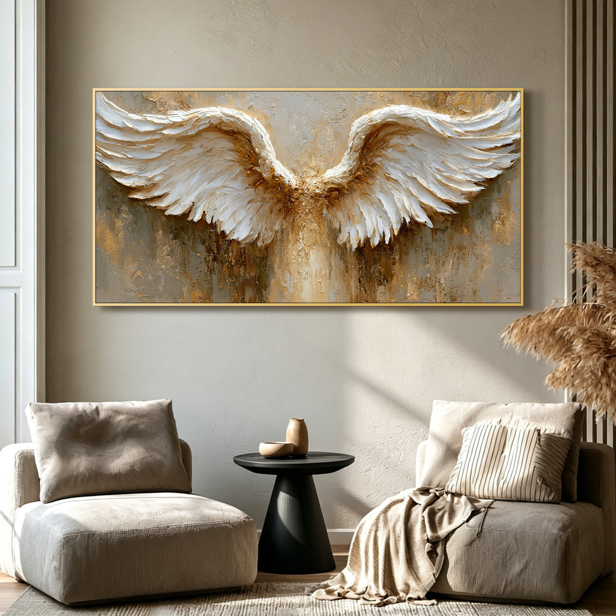 Angel wings impasto acrylic/oil painting on canvas, original palette knife textured wall art, gold and white handpainted