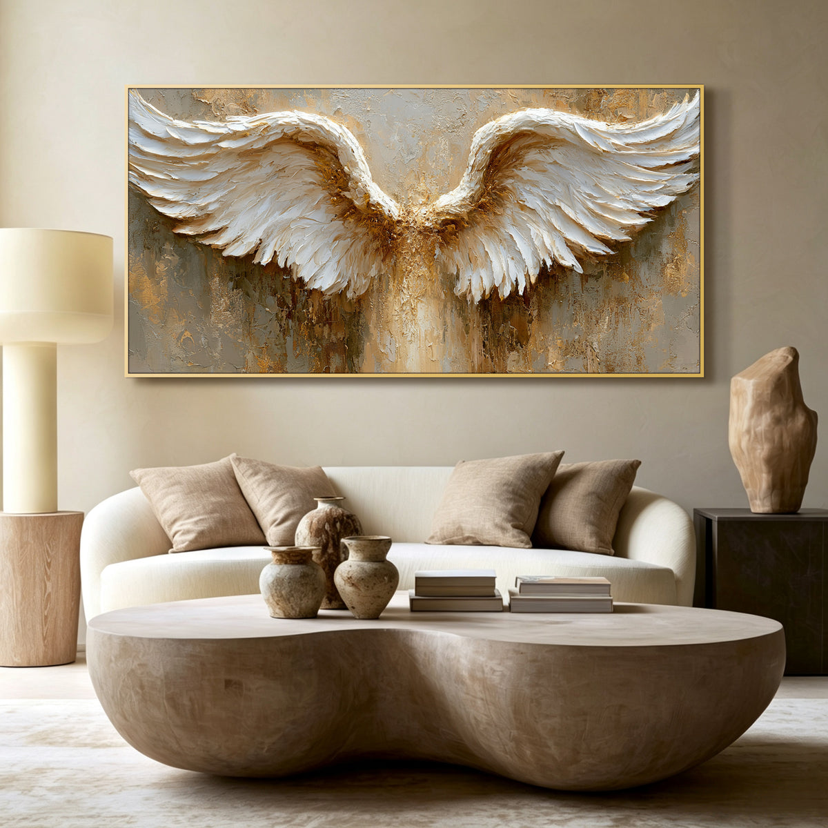 Angel wings impasto acrylic/oil painting on canvas, original palette knife textured wall art, gold and white handpainted