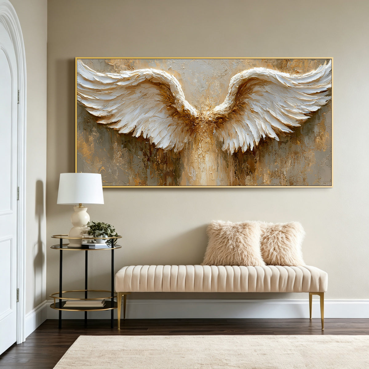 Angel wings impasto acrylic/oil painting on canvas, original palette knife textured wall art, gold and white handpainted