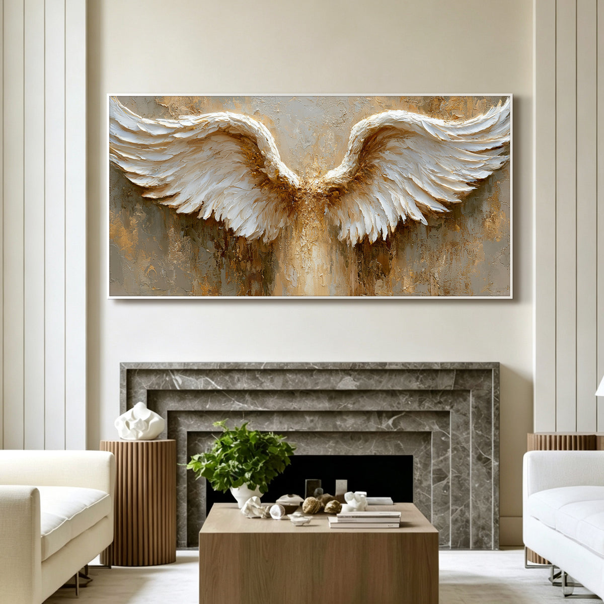 Angel wings impasto acrylic/oil painting on canvas, original palette knife textured wall art, gold and white handpainted