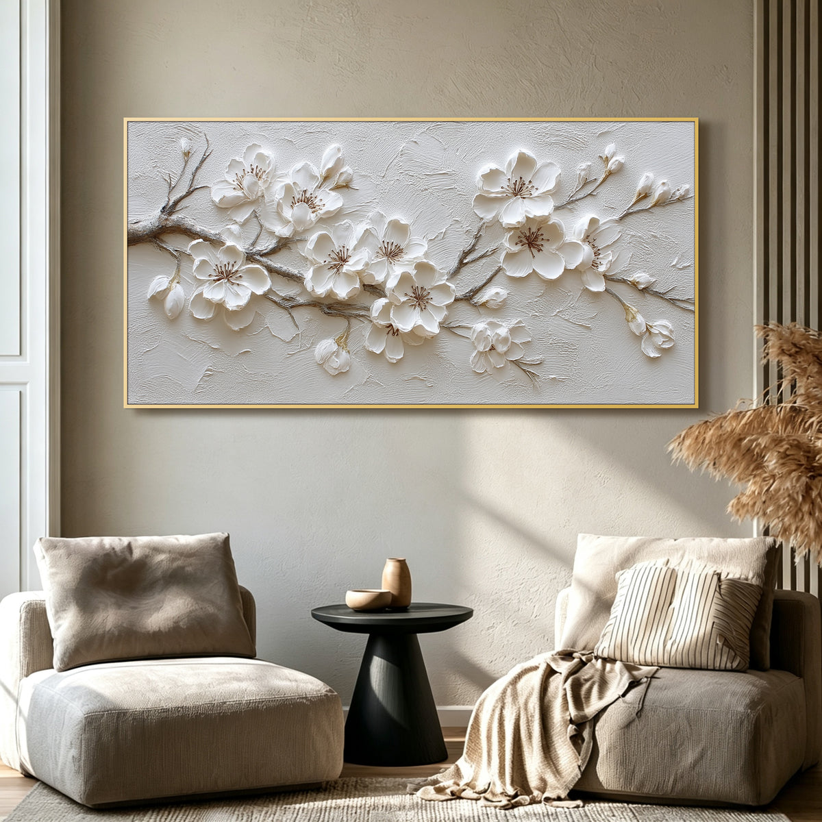 White blossom impasto acrylic/oil painting on canvas, original palette knife textured wall art, large handpainted