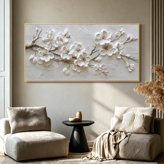 White blossom impasto acrylic/oil painting on canvas, original palette knife textured wall art, large handpainted