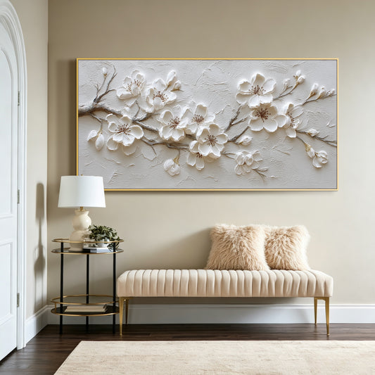 White blossom impasto acrylic/oil painting on canvas, original palette knife textured wall art, large handpainted