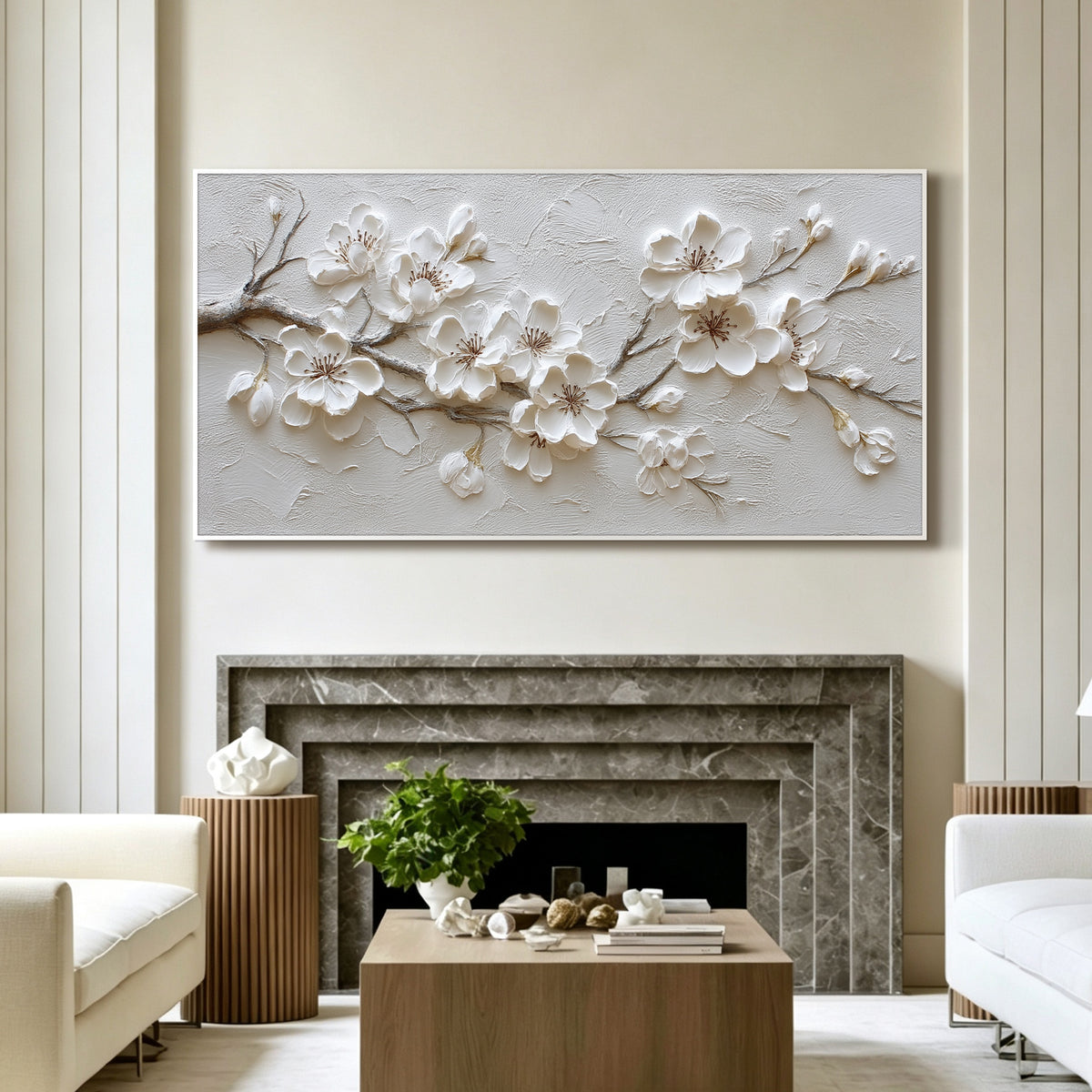White blossom impasto acrylic/oil painting on canvas, original palette knife textured wall art, large handpainted