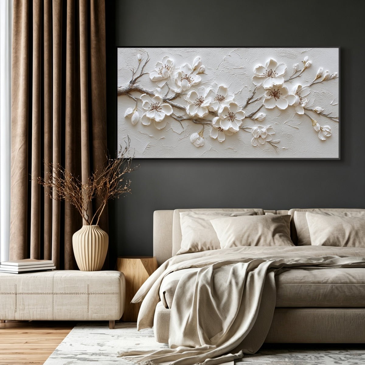 White blossom impasto acrylic/oil painting on canvas, original palette knife textured wall art, large handpainted