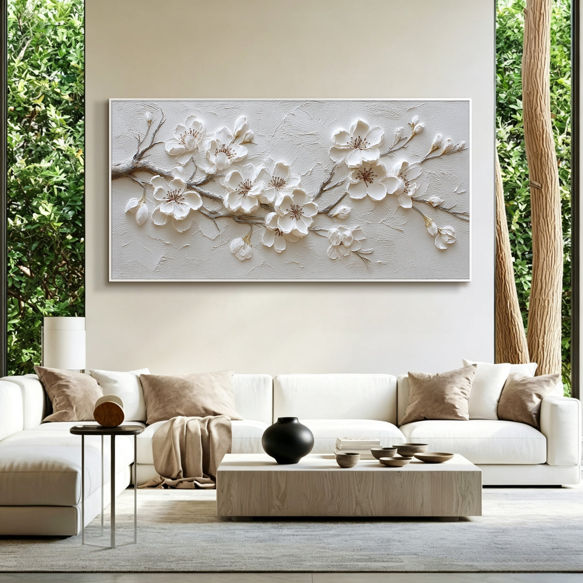White blossom impasto acrylic/oil painting on canvas, original palette knife textured wall art, large handpainted