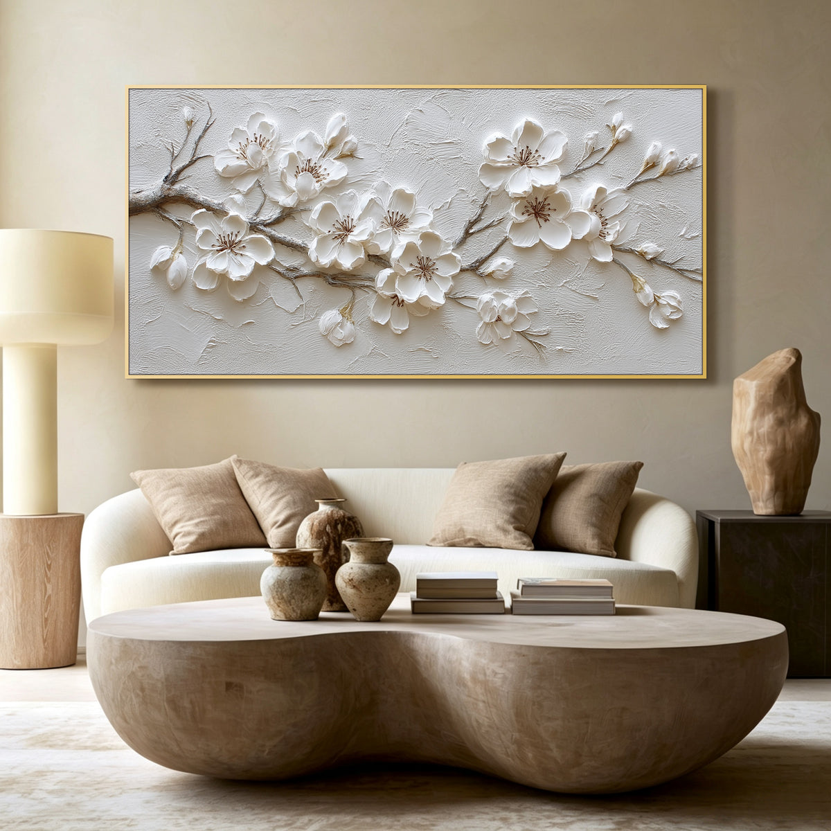 White blossom impasto acrylic/oil painting on canvas, original palette knife textured wall art, large handpainted
