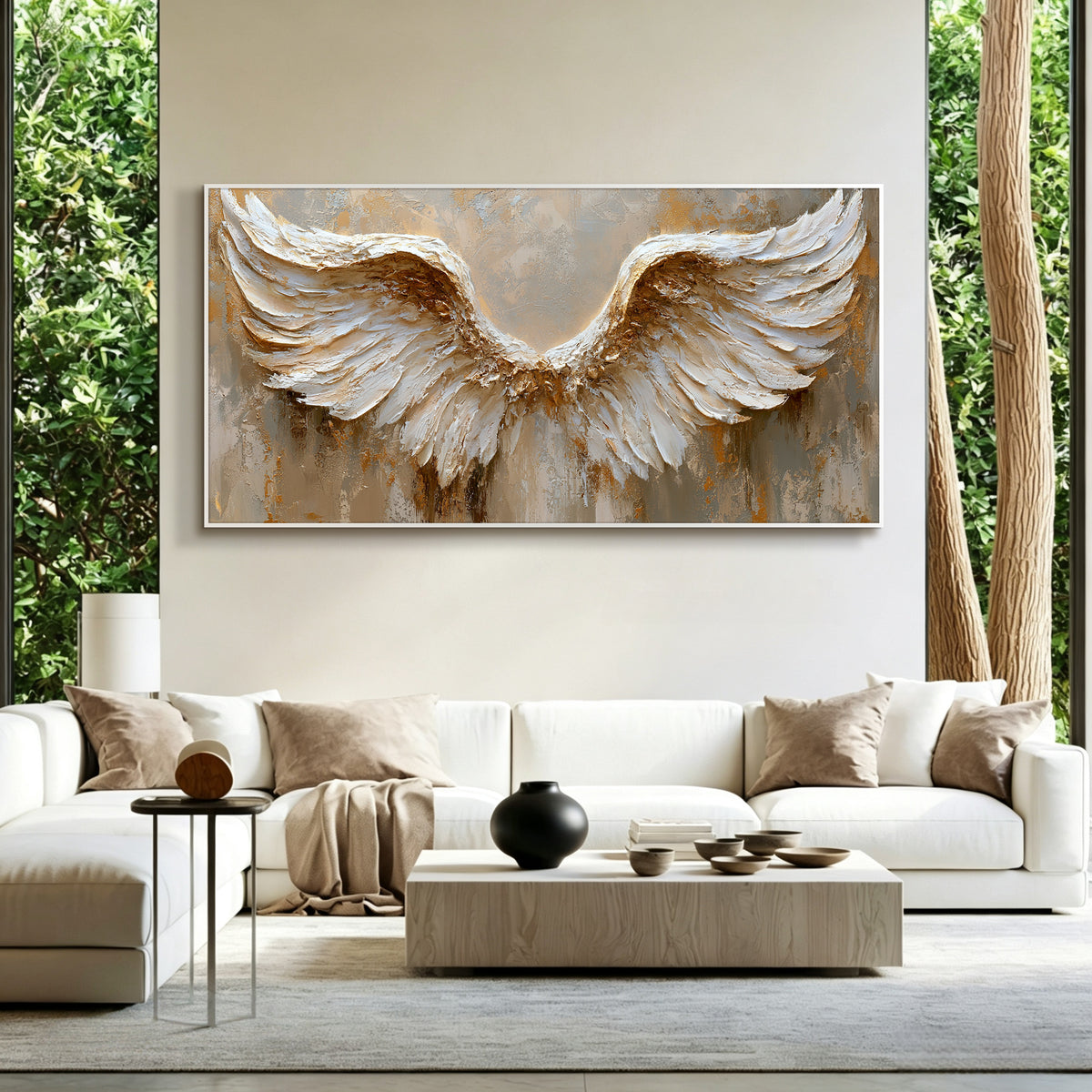 Angel wings impasto acrylic/oil painting on canvas, original palette knife textured wall art, silver handpainted