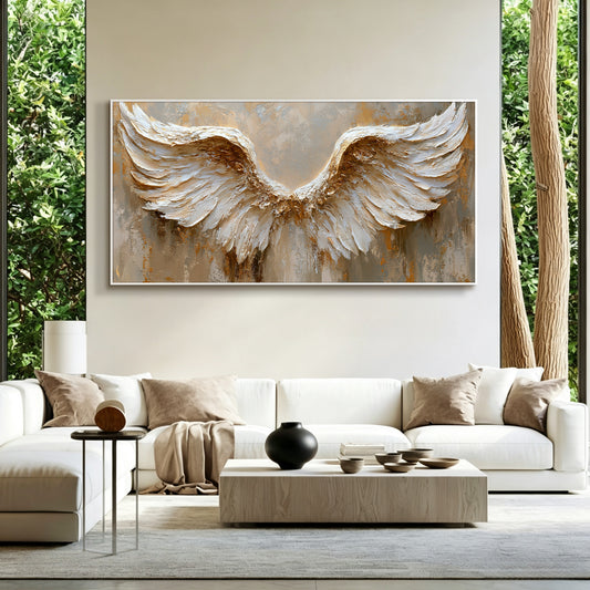 Angel wings impasto acrylic/oil painting on canvas, original palette knife textured wall art, silver handpainted