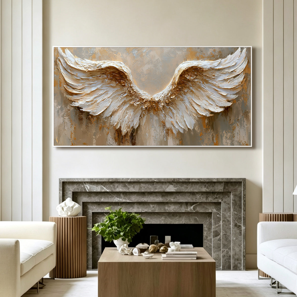 Angel wings impasto acrylic/oil painting on canvas, original palette knife textured wall art, silver handpainted