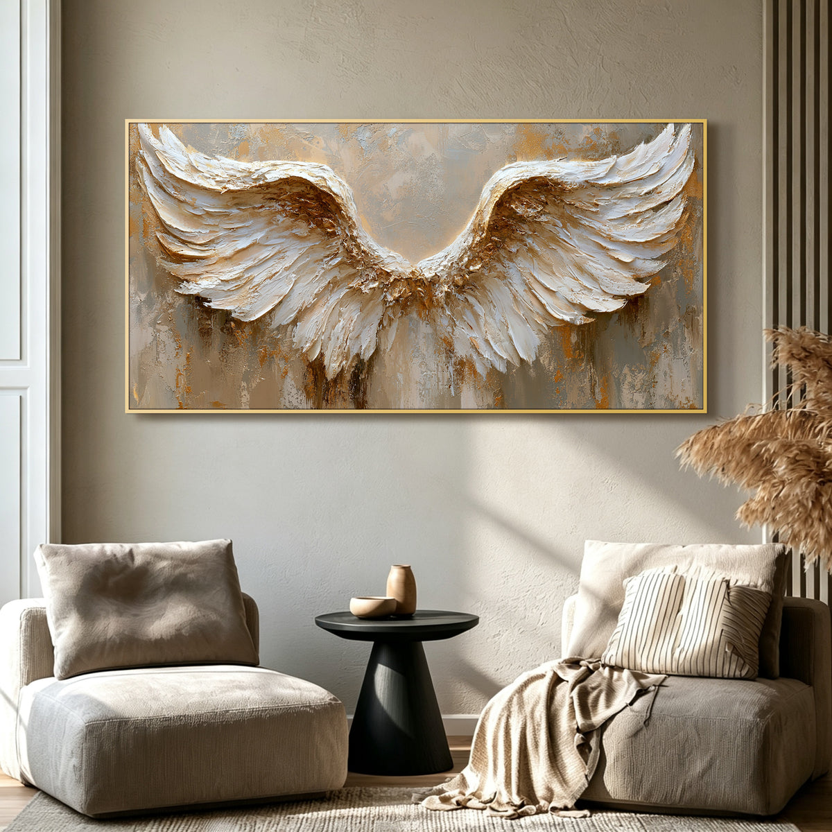 Angel wings impasto acrylic/oil painting on canvas, original palette knife textured wall art, silver handpainted