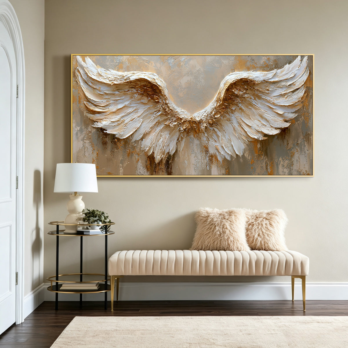 Angel wings impasto acrylic/oil painting on canvas, original palette knife textured wall art, silver handpainted