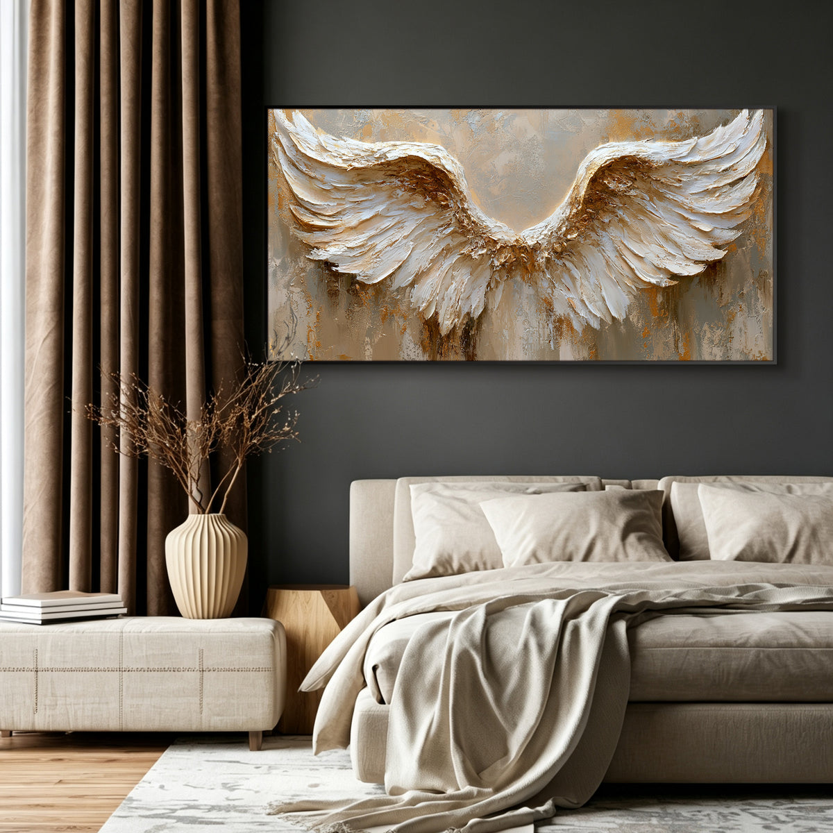 Angel wings impasto acrylic/oil painting on canvas, original palette knife textured wall art, silver handpainted