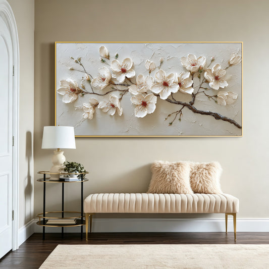 Blush cherry blossom impasto acrylic/oil painting on canvas, original palette knife textured wall art, botanical handpainted