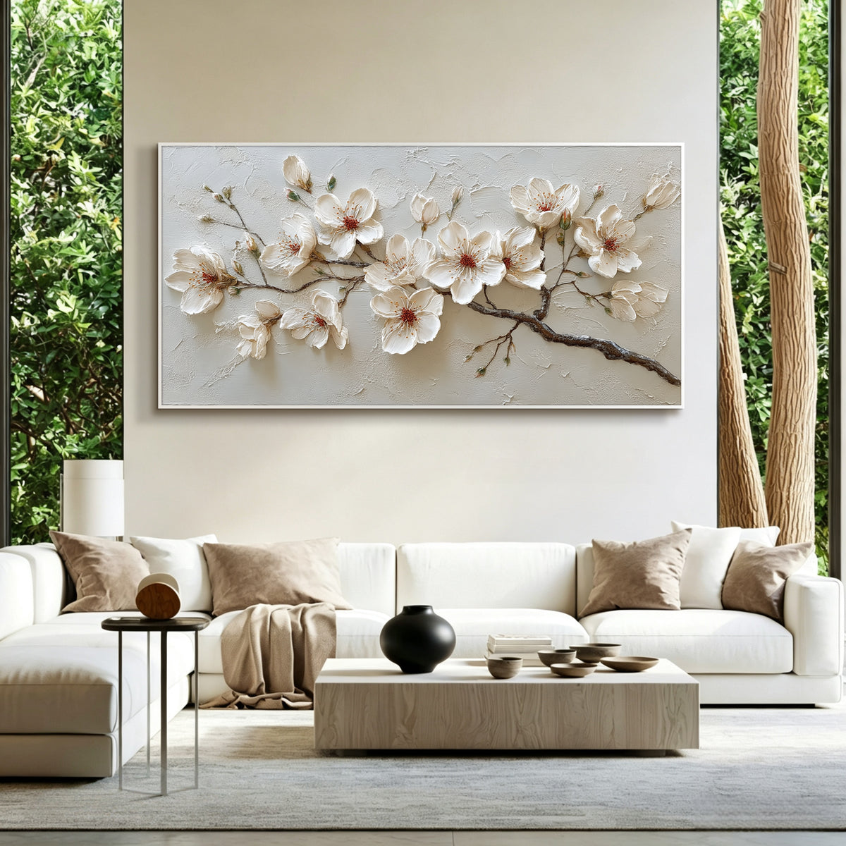 Blush cherry blossom impasto acrylic/oil painting on canvas, original palette knife textured wall art, botanical handpainted