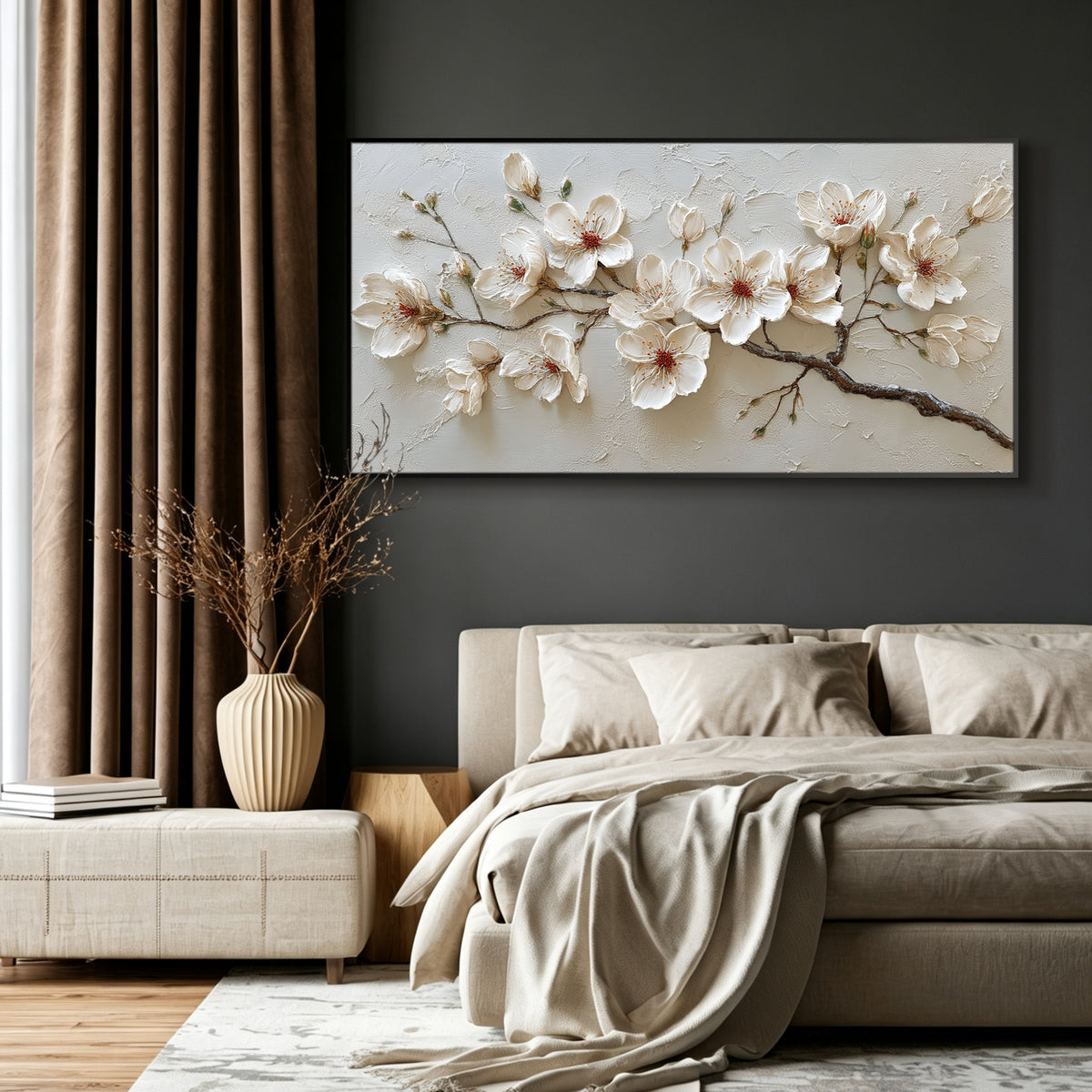 Blush cherry blossom impasto acrylic/oil painting on canvas, original palette knife textured wall art, botanical handpainted