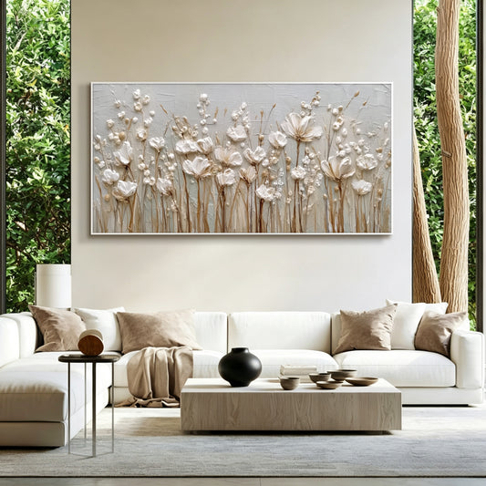 Wildflower minimalist acrylic/oil painting on canvas, original textured wall art, wabi-sabi handpainted