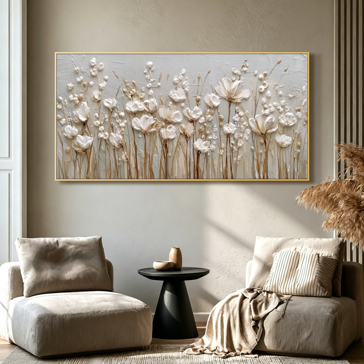 Wildflower minimalist acrylic/oil painting on canvas, original textured wall art, wabi-sabi handpainted