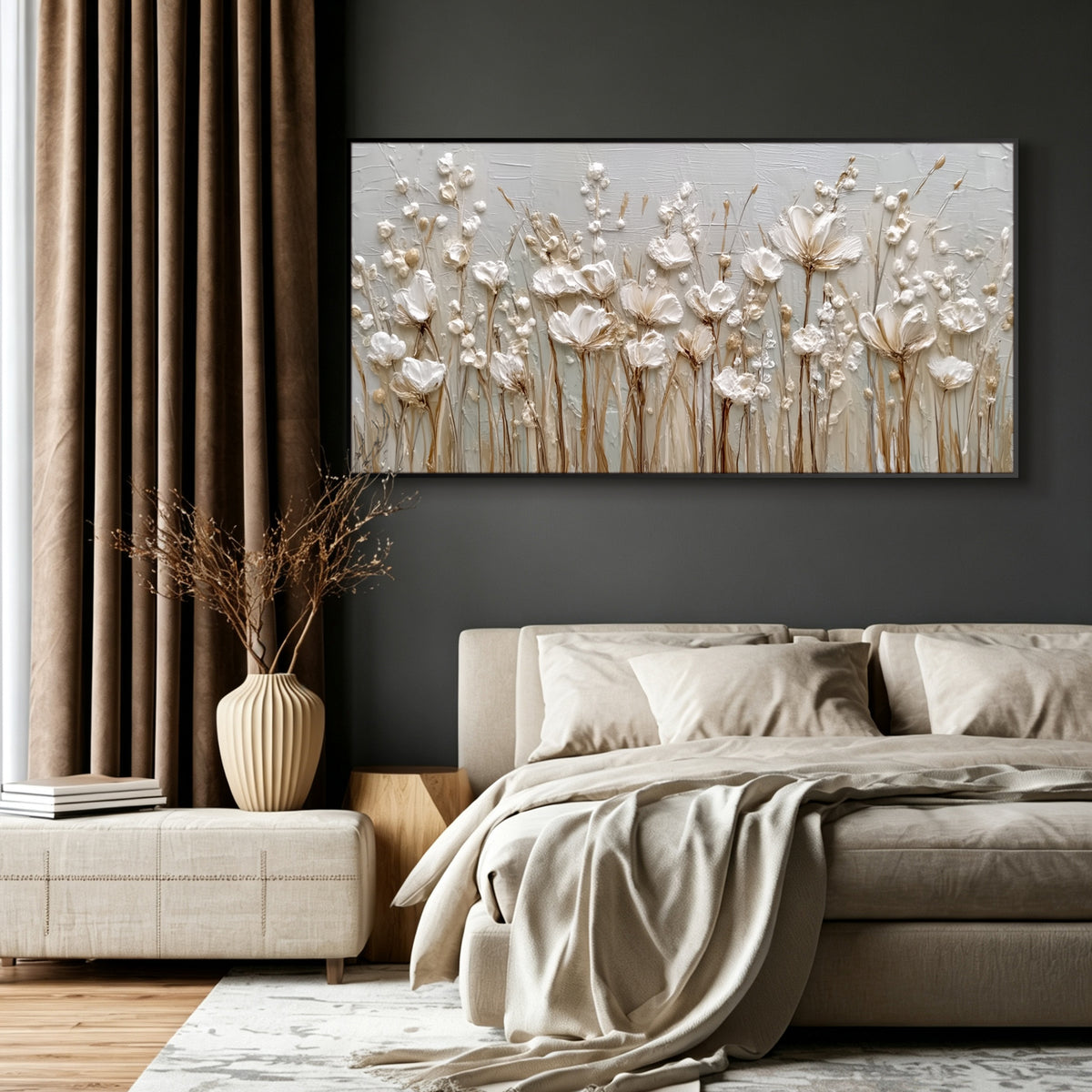 Wildflower minimalist acrylic/oil painting on canvas, original textured wall art, wabi-sabi handpainted