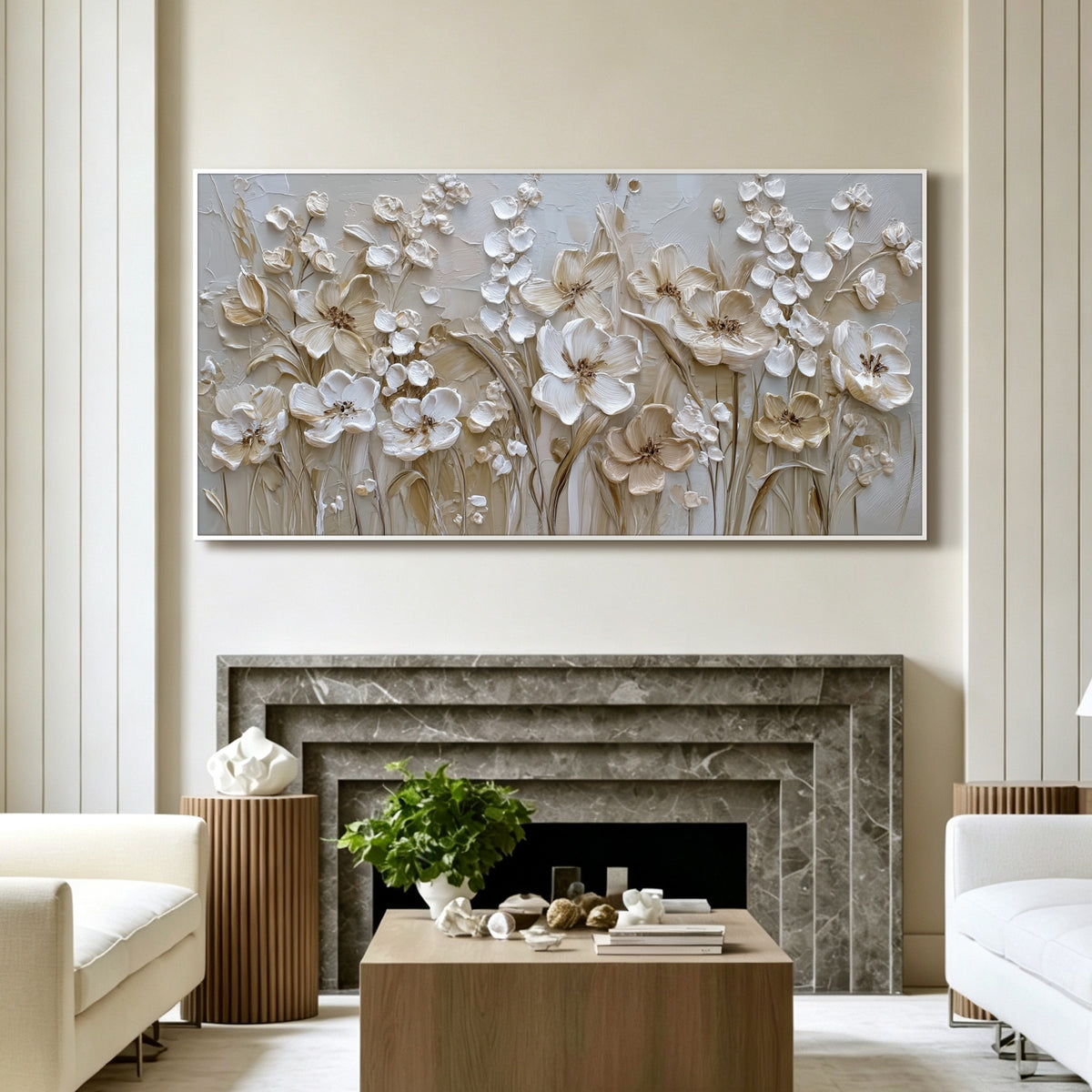 Champagne floral impasto acrylic/oil painting on canvas, original palette knife textured wall art, handpainted