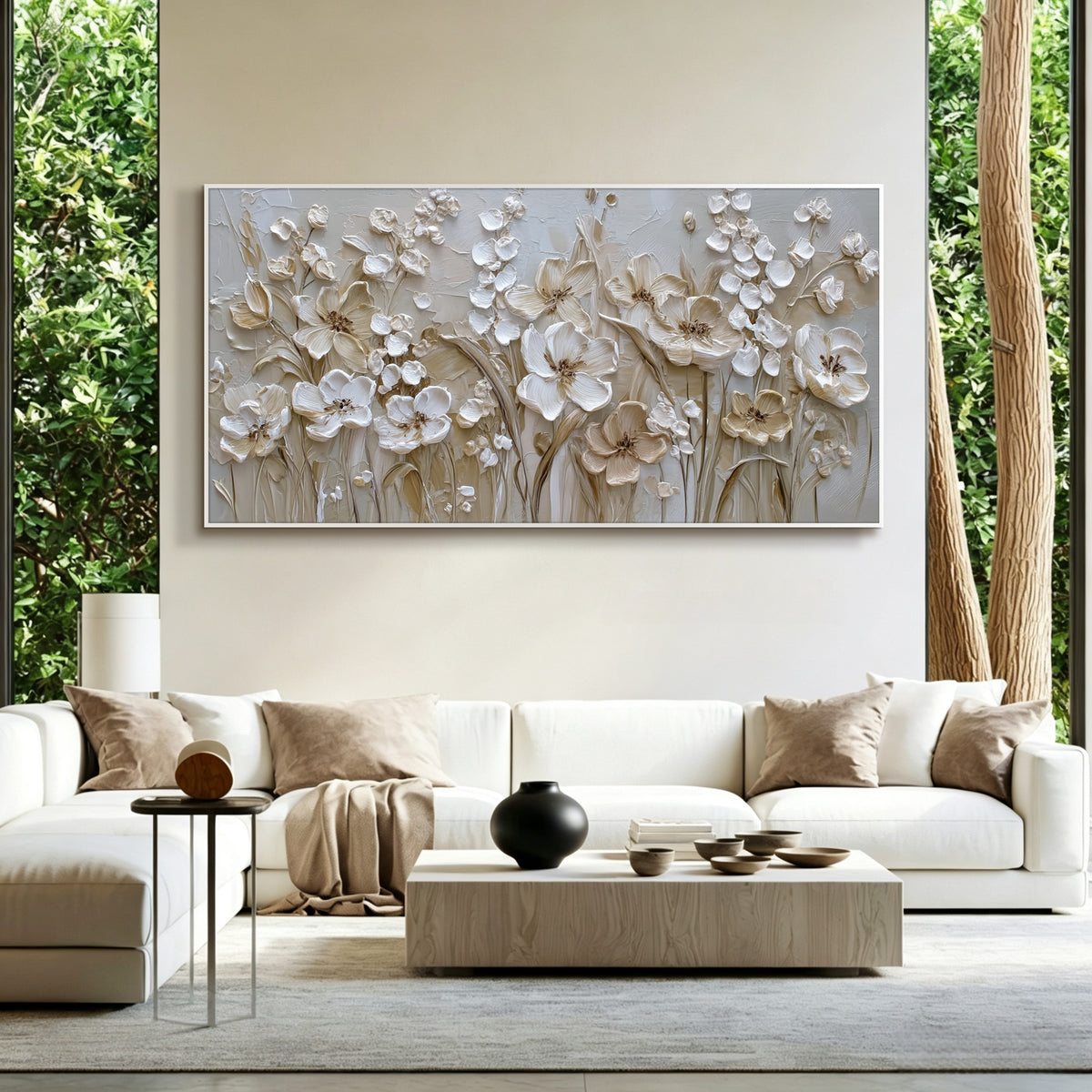 Champagne floral impasto acrylic/oil painting on canvas, original palette knife textured wall art, handpainted
