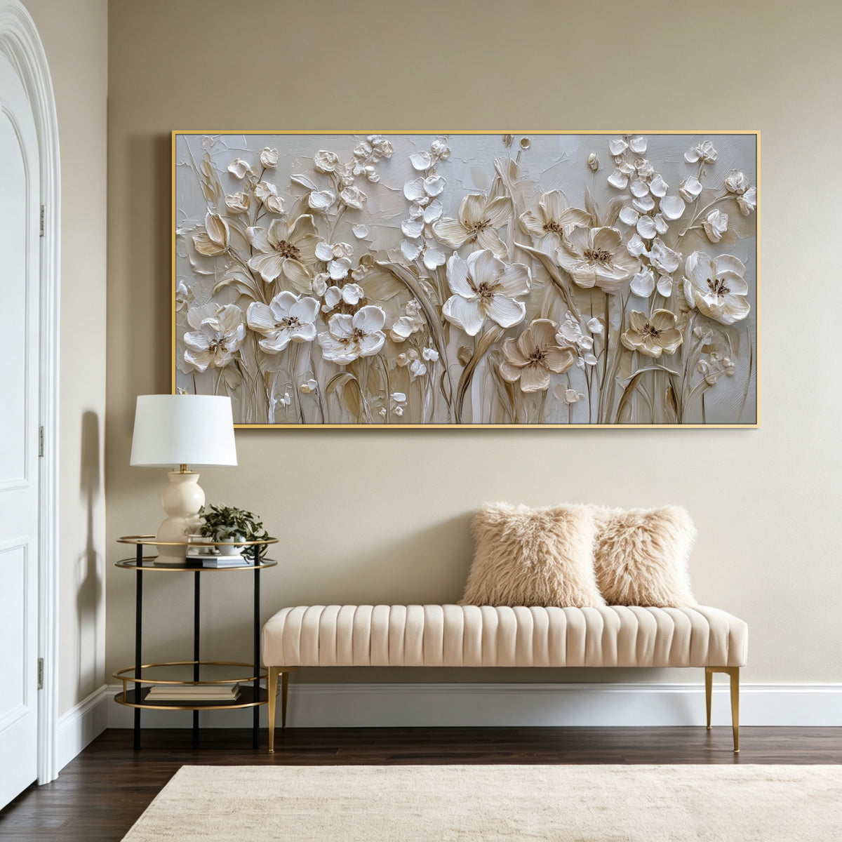 Champagne floral impasto acrylic/oil painting on canvas, original palette knife textured wall art, handpainted