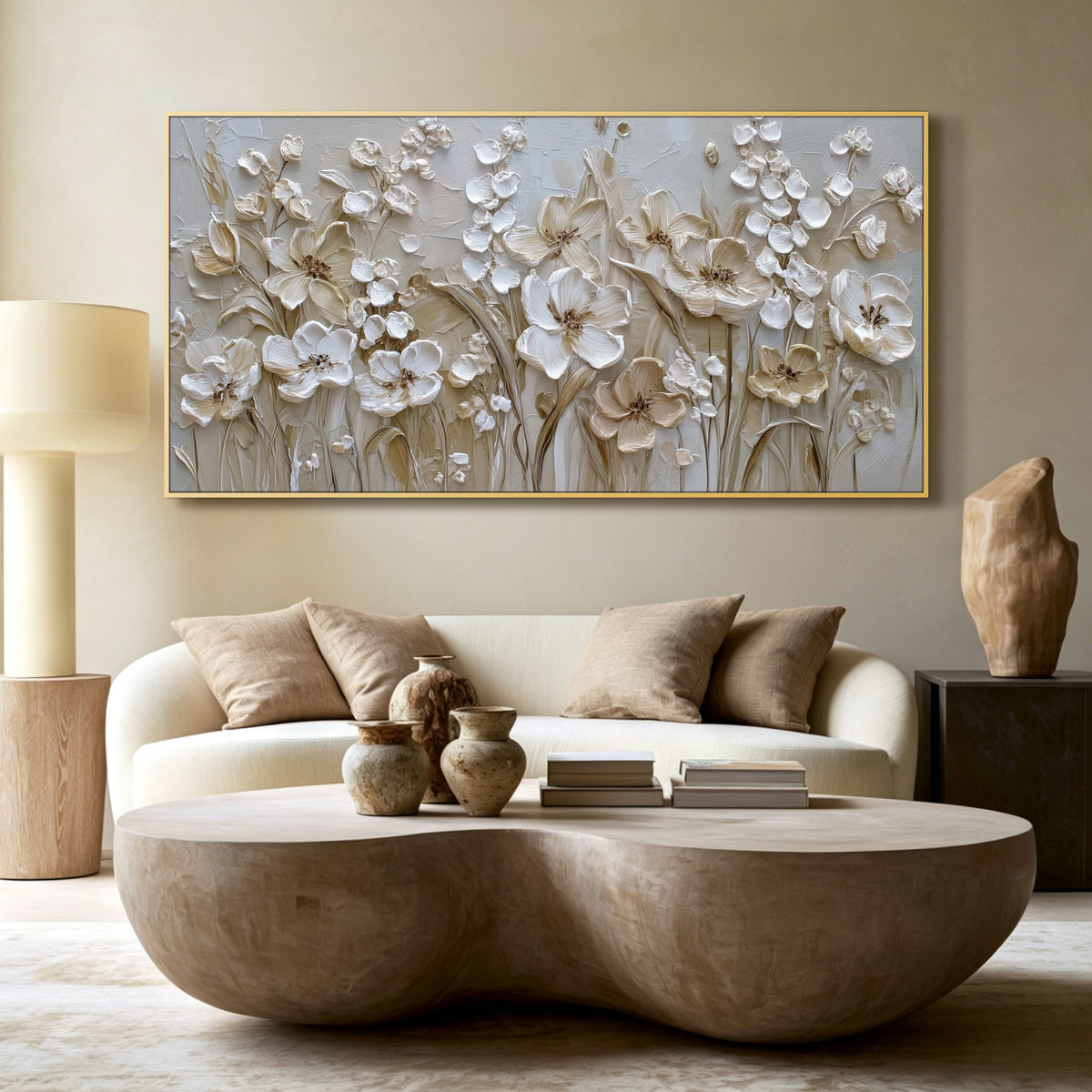 Champagne floral impasto acrylic/oil painting on canvas, original palette knife textured wall art, handpainted