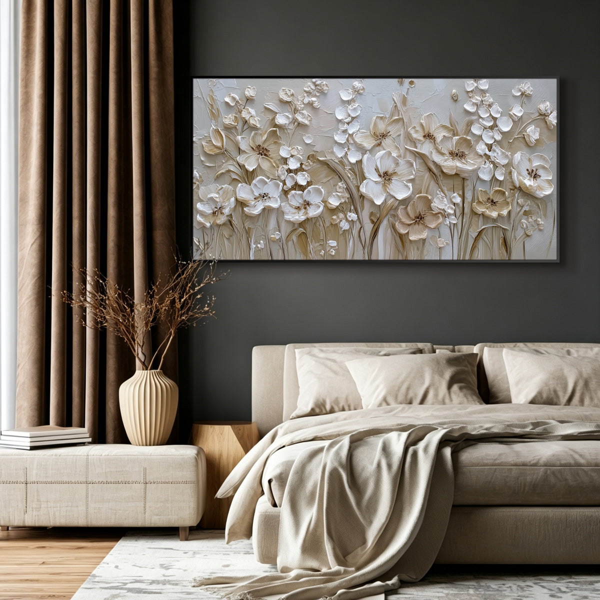 Champagne floral impasto acrylic/oil painting on canvas, original palette knife textured wall art, handpainted