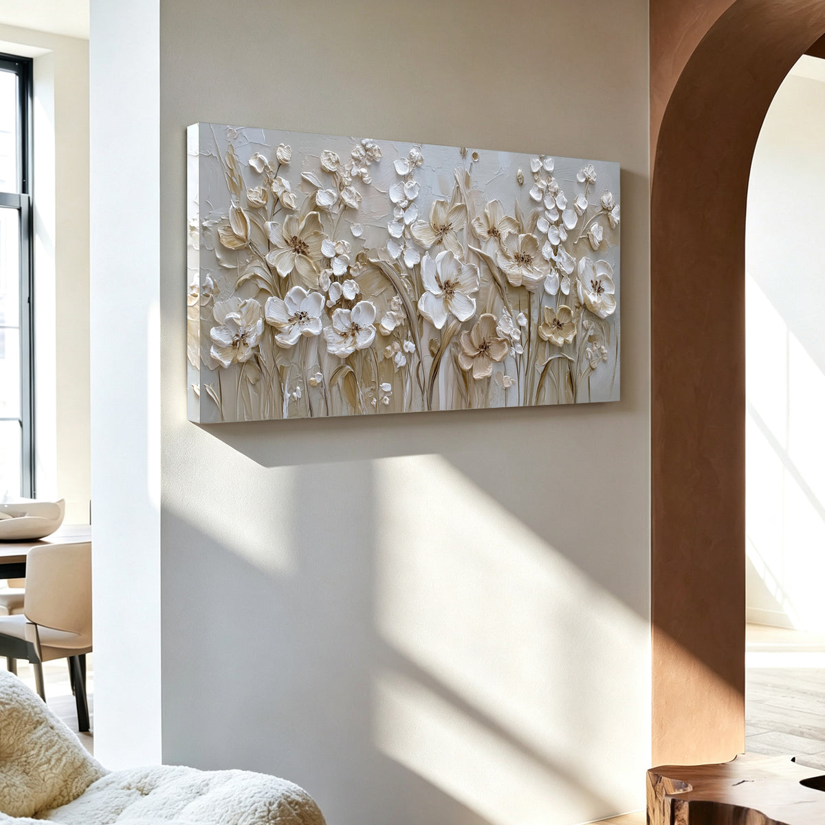 Champagne floral impasto acrylic/oil painting on canvas, original palette knife textured wall art, handpainted