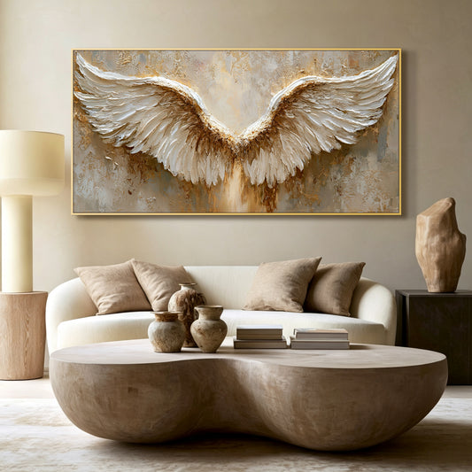 Golden angel wings impasto acrylic/oil painting on canvas, original palette knife textured wall art, handpainted