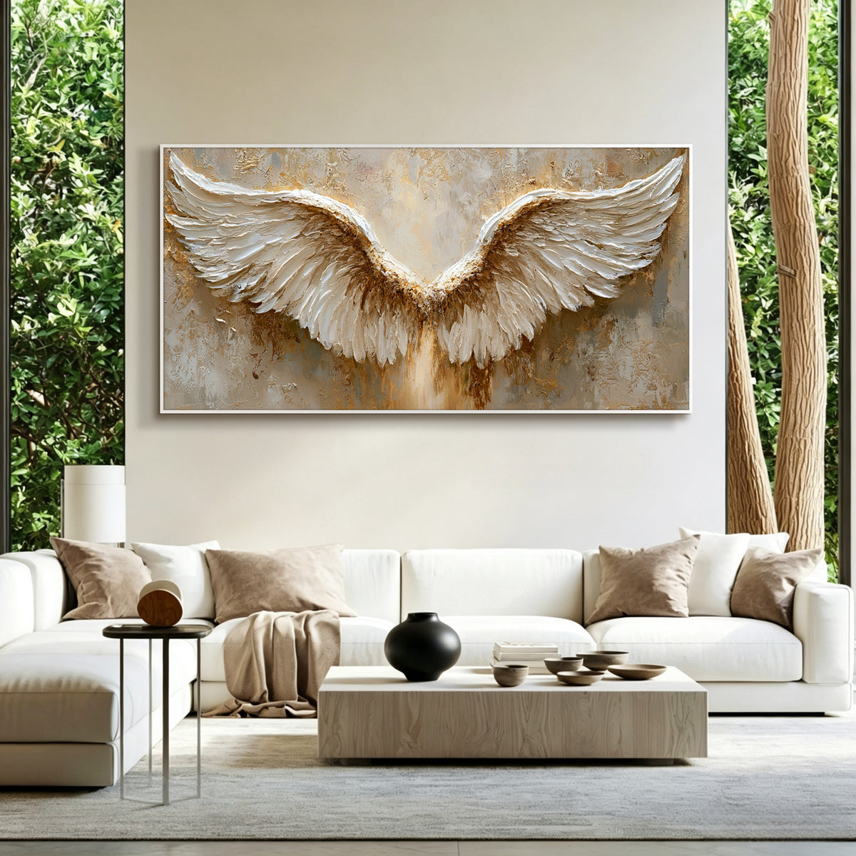 Golden angel wings impasto acrylic/oil painting on canvas, original palette knife textured wall art, handpainted
