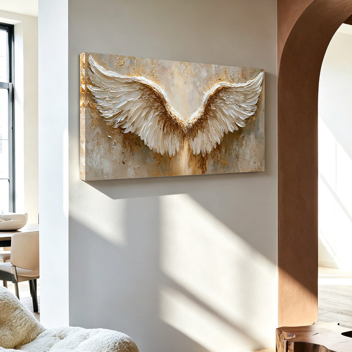 Golden angel wings impasto acrylic/oil painting on canvas, original palette knife textured wall art, handpainted