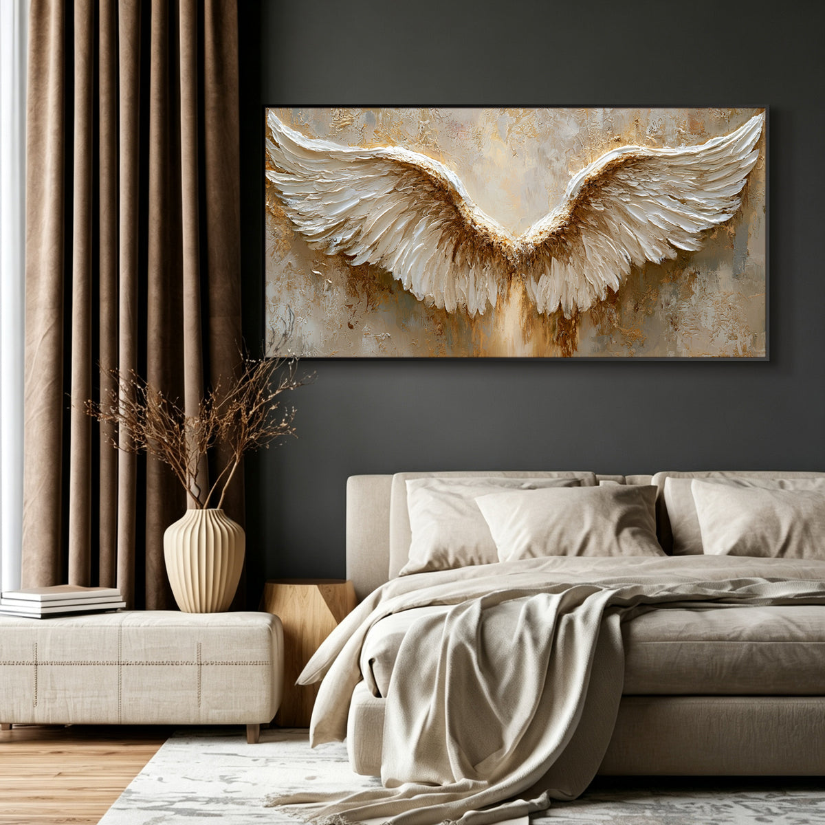 Golden angel wings impasto acrylic/oil painting on canvas, original palette knife textured wall art, handpainted