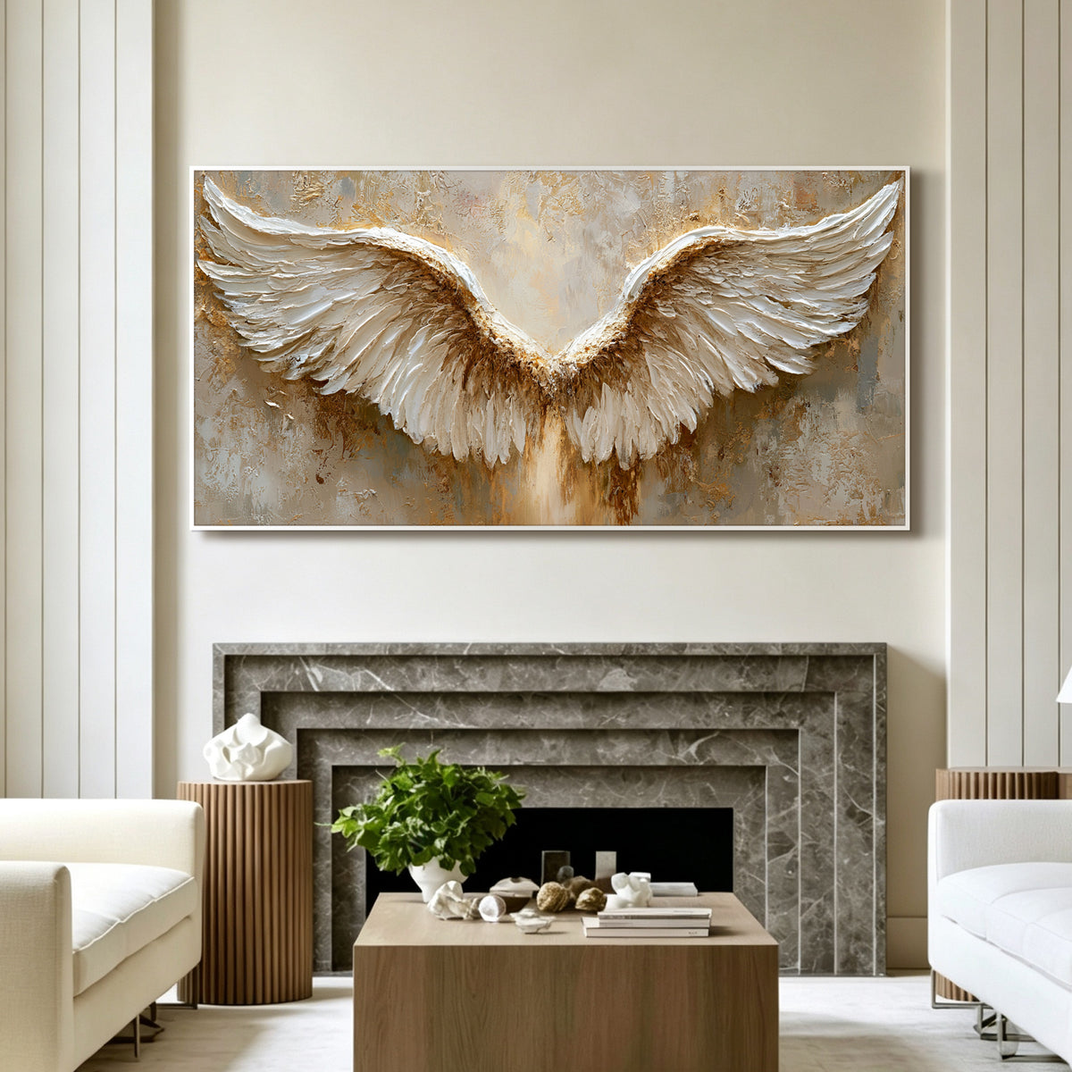 Golden angel wings impasto acrylic/oil painting on canvas, original palette knife textured wall art, handpainted