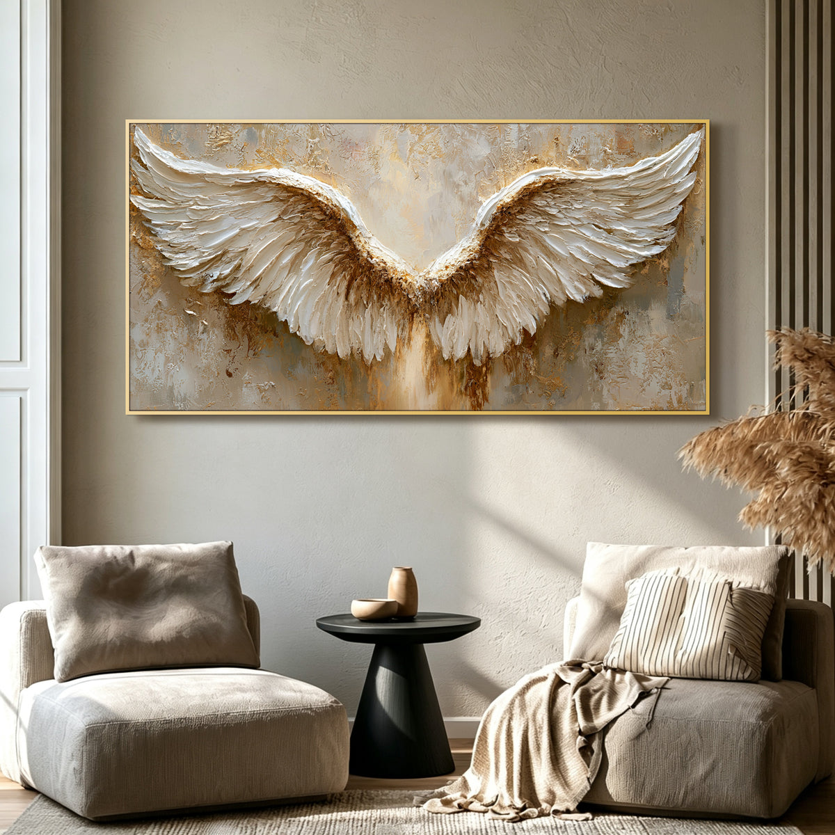 Golden angel wings impasto acrylic/oil painting on canvas, original palette knife textured wall art, handpainted