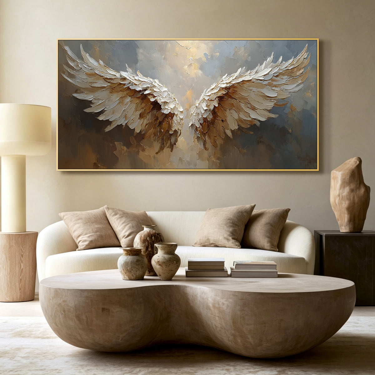 Angel wings impasto acrylic/oil painting on canvas, original palette knife textured wall art, misty grey and gold handpainted
