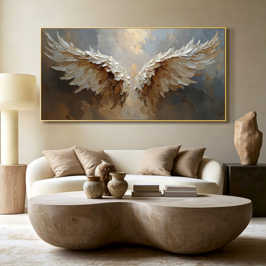 Angel wings impasto acrylic/oil painting on canvas, original palette knife textured wall art, misty grey and gold handpainted