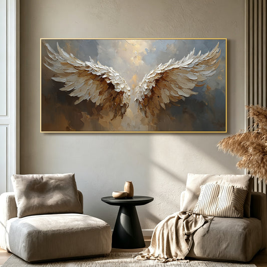 Angel wings impasto acrylic/oil painting on canvas, original palette knife textured wall art, misty grey and gold handpainted
