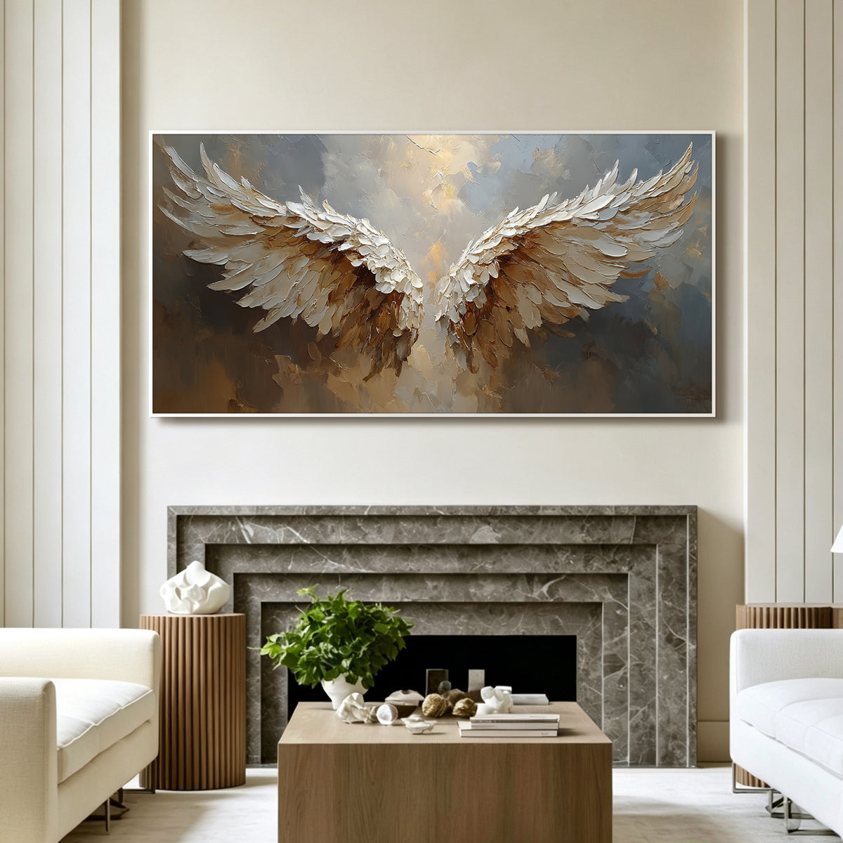 Angel wings impasto acrylic/oil painting on canvas, original palette knife textured wall art, misty grey and gold handpainted