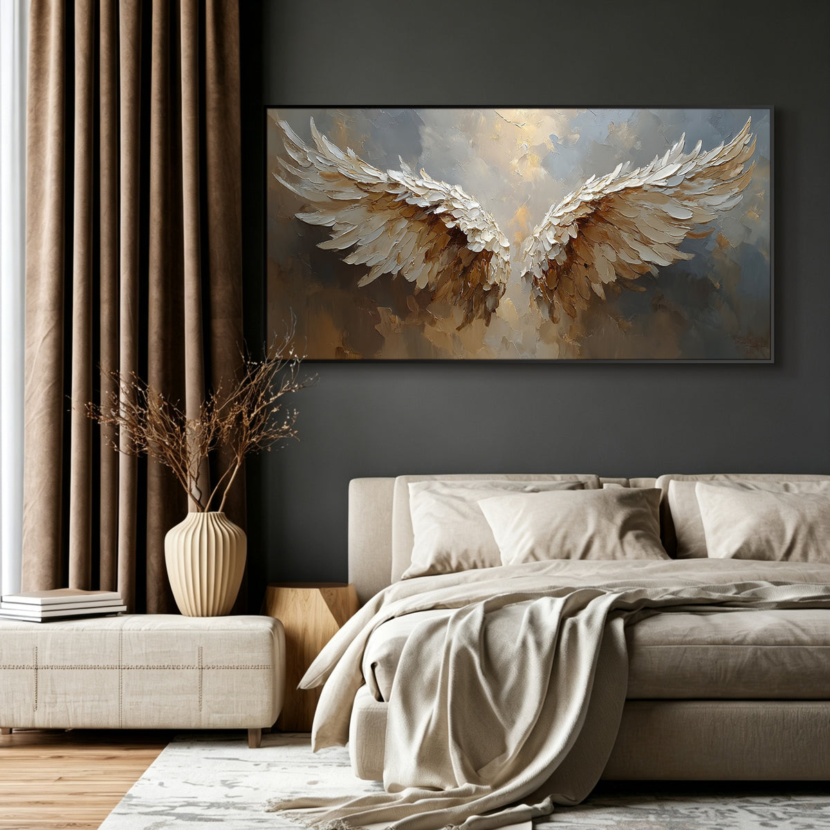 Angel wings impasto acrylic/oil painting on canvas, original palette knife textured wall art, misty grey and gold handpainted