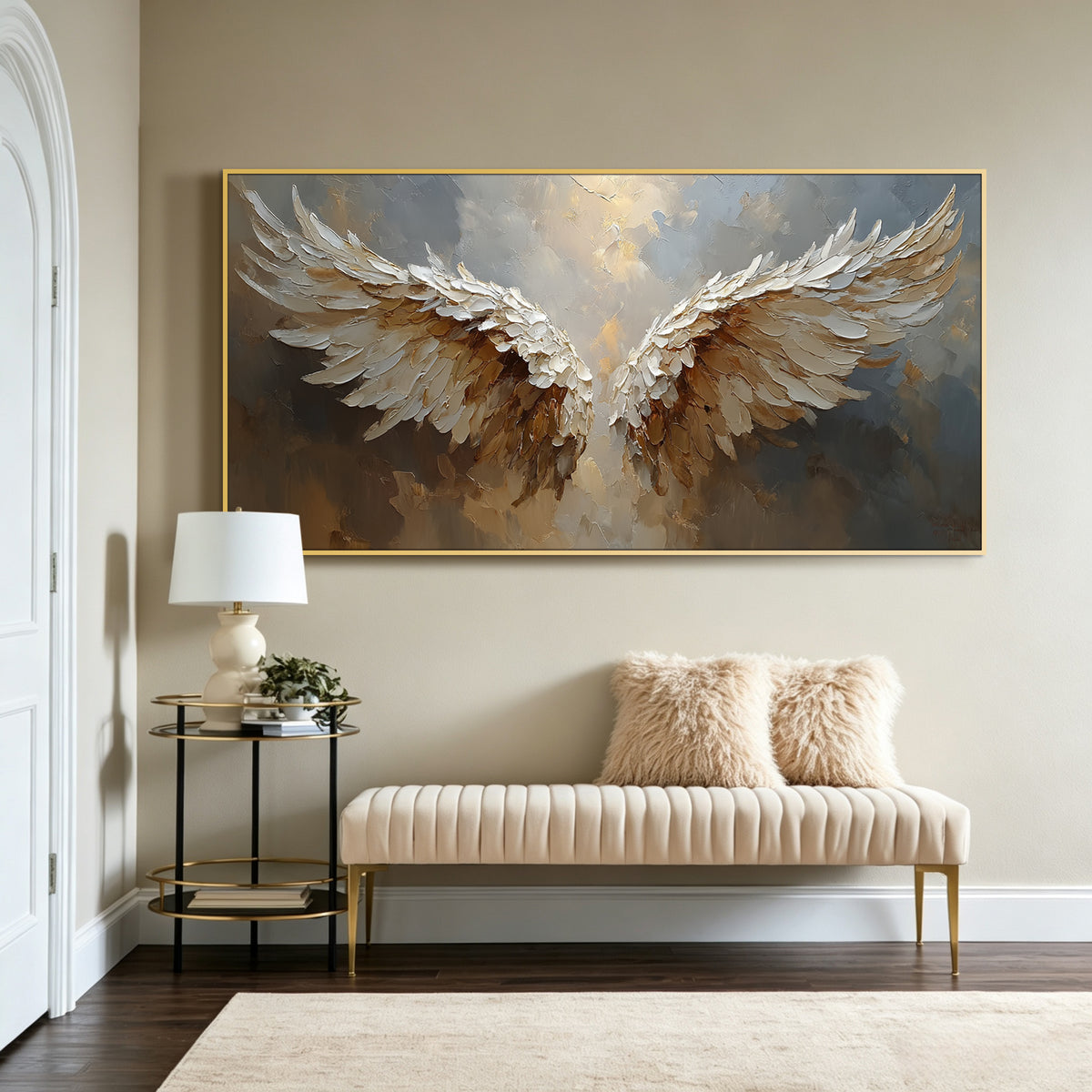 Angel wings impasto acrylic/oil painting on canvas, original palette knife textured wall art, misty grey and gold handpainted