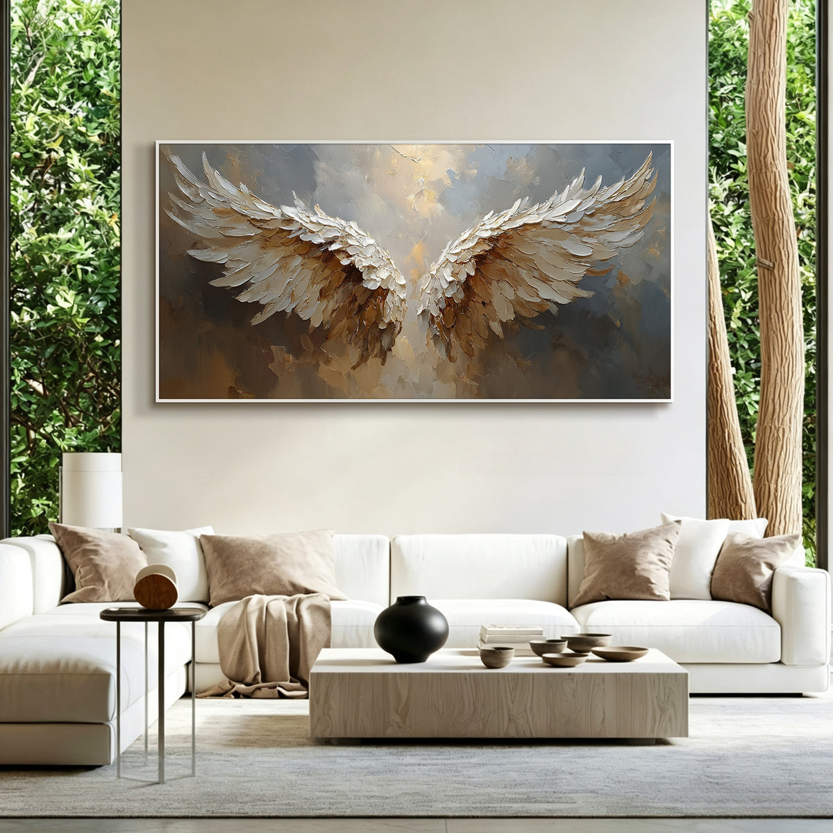 Angel wings impasto acrylic/oil painting on canvas, original palette knife textured wall art, misty grey and gold handpainted