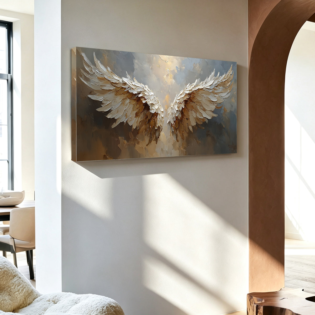 Angel wings impasto acrylic/oil painting on canvas, original palette knife textured wall art, misty grey and gold handpainted