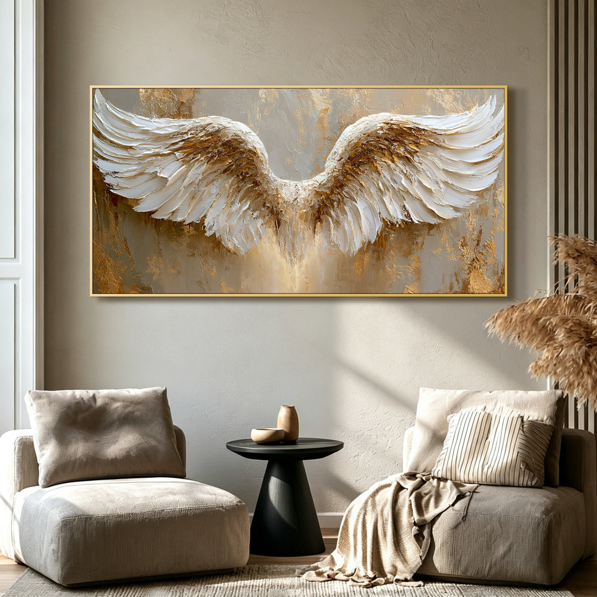 Golden angel wings impasto acrylic/oil painting on canvas, original palette knife textured wall art, handpainted